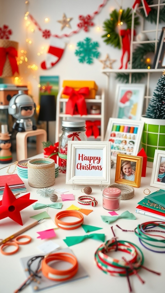 A festive crafting area with DIY Christmas gifts including ornaments, photo frames, and friendship bracelets.